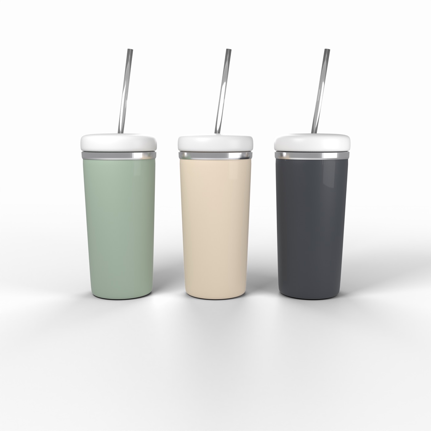 Three insulated tumblers in sage, sand and ink on white