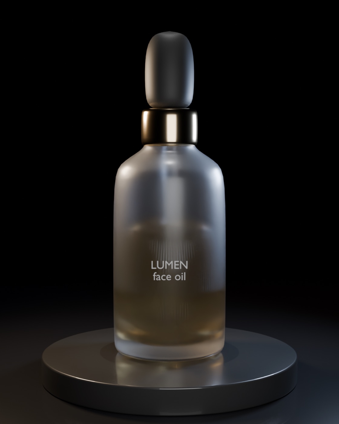 Frosted dropper bottle on a dark pedestal with rim lighting