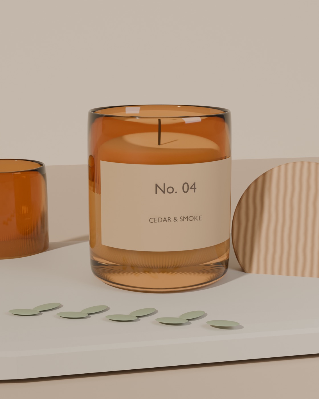 Amber candle jar with kraft label on a stone slab